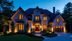A photograph of a beautifully illuminated exterior of a home at dusk