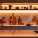 A photograph of a well-lit kitchen or workspace featuring under-shelf led strip lighting