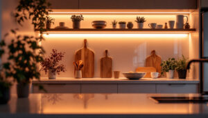 A photograph of a well-lit kitchen or workspace featuring under-shelf led strip lighting