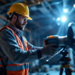 A photograph of a lighting contractor in action