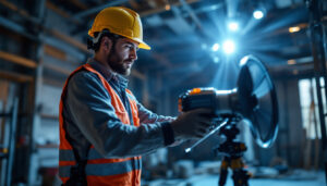 A photograph of a lighting contractor in action