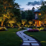 A photograph of a beautifully illuminated outdoor landscape at dusk