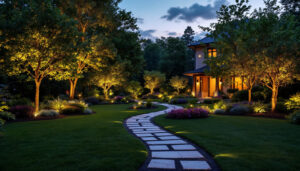 A photograph of a beautifully illuminated outdoor landscape at dusk