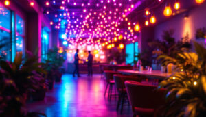 A photograph of a vibrant scene showcasing 50 feet of led lights illuminating a modern space