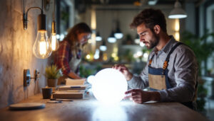 A photograph of a lighting contractor installing or showcasing a variety of modern led lamps in a well-lit