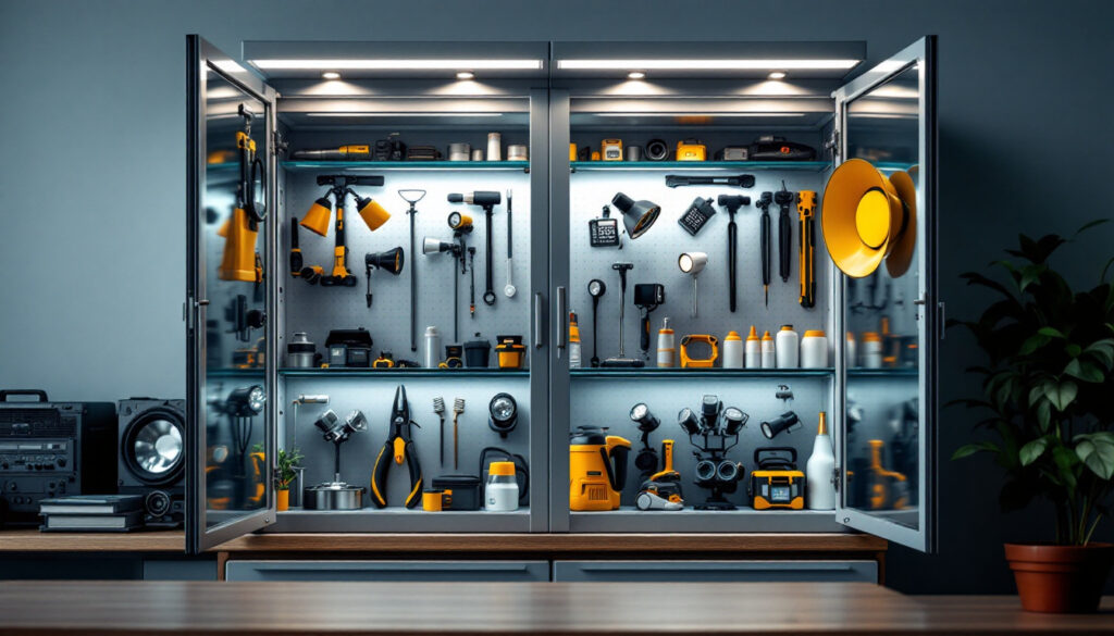 A photograph of a well-lit cabinet showcasing various lighting fixtures and tools