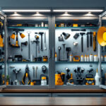 A photograph of a well-lit cabinet showcasing various lighting fixtures and tools