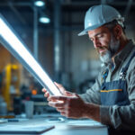 A photograph of a lighting contractor examining and comparing t8 and t12 fluorescent tubes in a well-lit workspace