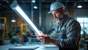 A photograph of a lighting contractor examining and comparing t8 and t12 fluorescent tubes in a well-lit workspace