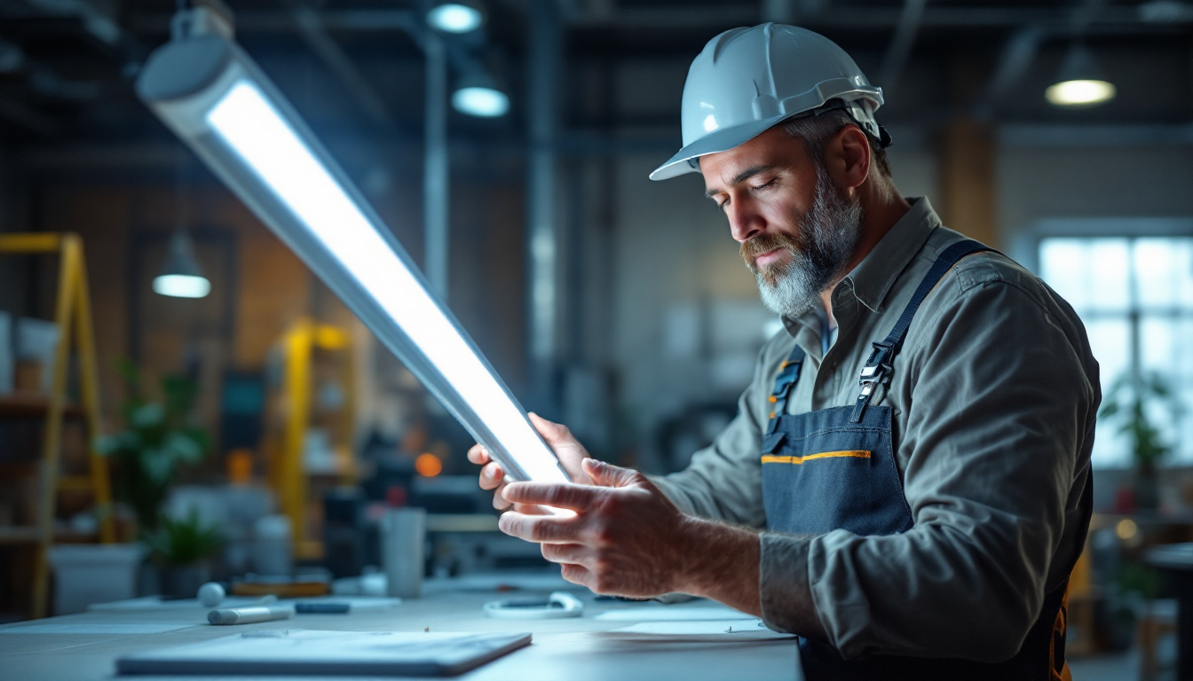 A photograph of a lighting contractor examining and comparing t8 and t12 fluorescent tubes in a well-lit workspace