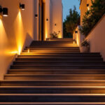 A photograph of a well-lit exterior stairway at dusk