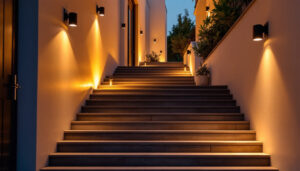 A photograph of a well-lit exterior stairway at dusk