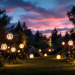 A photograph of a beautifully illuminated outdoor space featuring a variety of solar decorative lights