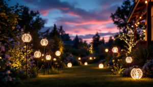 A photograph of a beautifully illuminated outdoor space featuring a variety of solar decorative lights