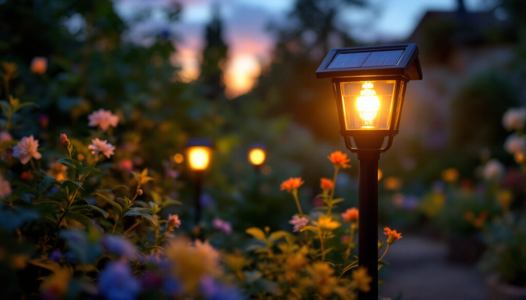 A photograph of a beautifully illuminated solar-powered garden light in a lush garden setting during twilight