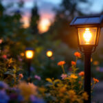 A photograph of a beautifully illuminated solar-powered garden light in a lush garden setting during twilight