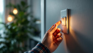 A photograph of a lighting contractor expertly installing a 3-way light switch in a well-lit room