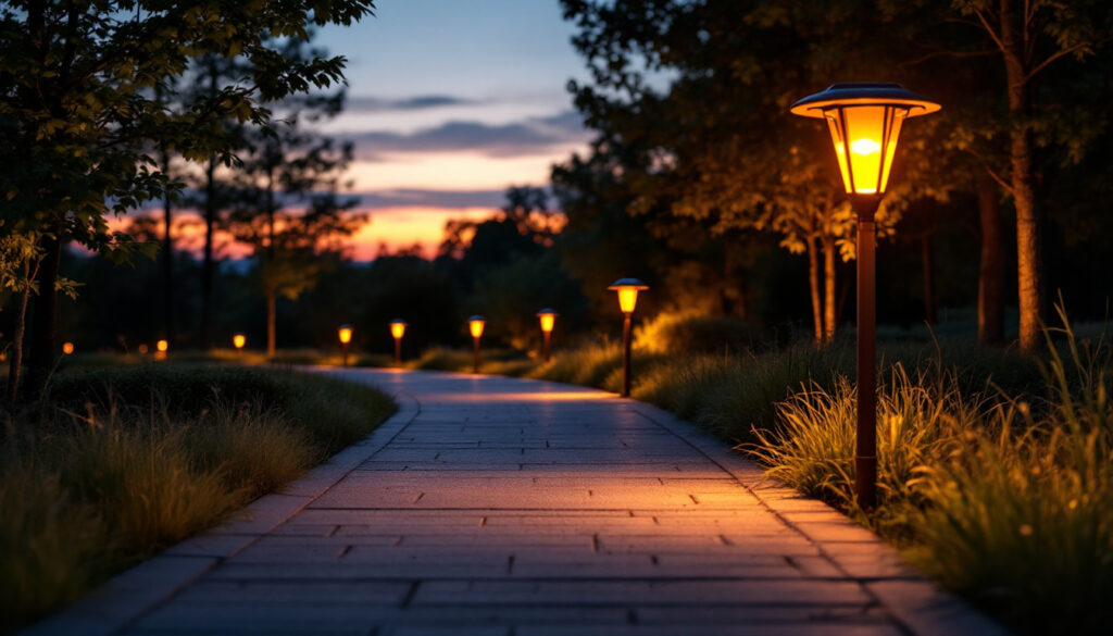A photograph of a beautifully illuminated walkway featuring solar-powered lights at dusk