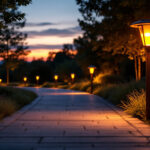 A photograph of a beautifully illuminated walkway featuring solar-powered lights at dusk