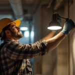 A photograph of a lighting contractor in action