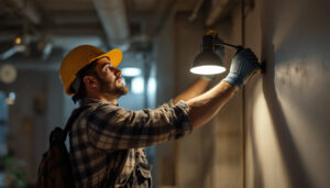 A photograph of a lighting contractor in action