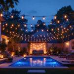 A photograph of a beautifully illuminated backyard scene featuring various types of outdoor lighting fixtures