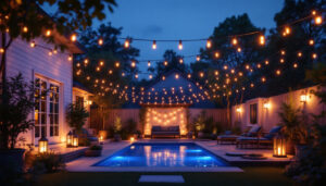 A photograph of a beautifully illuminated backyard scene featuring various types of outdoor lighting fixtures