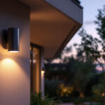 A photograph of a stylish exterior ceiling-mounted light fixture installed in a beautifully landscaped outdoor setting