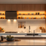 A photograph of a beautifully designed kitchen featuring modern canned lighting