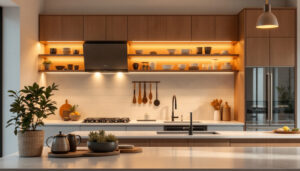 A photograph of a beautifully designed kitchen featuring modern canned lighting