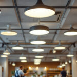 A photograph of a well-lit commercial space featuring various types of ceiling lights installed
