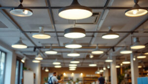 A photograph of a well-lit commercial space featuring various types of ceiling lights installed