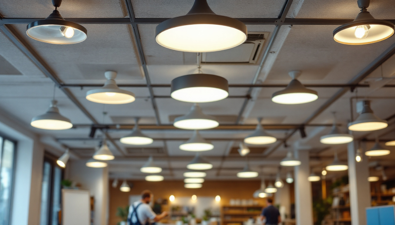 A photograph of a well-lit commercial space featuring various types of ceiling lights installed