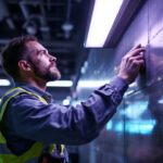 A photograph of a lighting contractor efficiently installing innovative commercial lighting solutions in a dynamic workspace