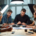 A photograph of a team of professionals engaged in a hands-on lighting training session