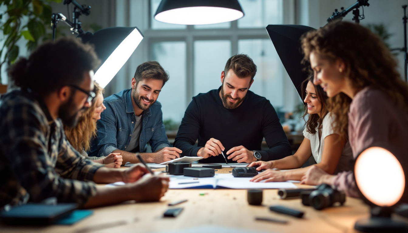 A photograph of a team of professionals engaged in a hands-on lighting training session