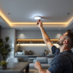 A photograph of a lighting contractor installing motion sensor recessed lights in a modern home setting