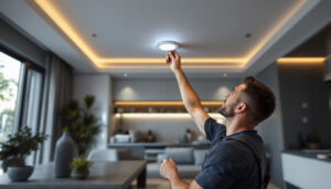 A photograph of a lighting contractor installing motion sensor recessed lights in a modern home setting