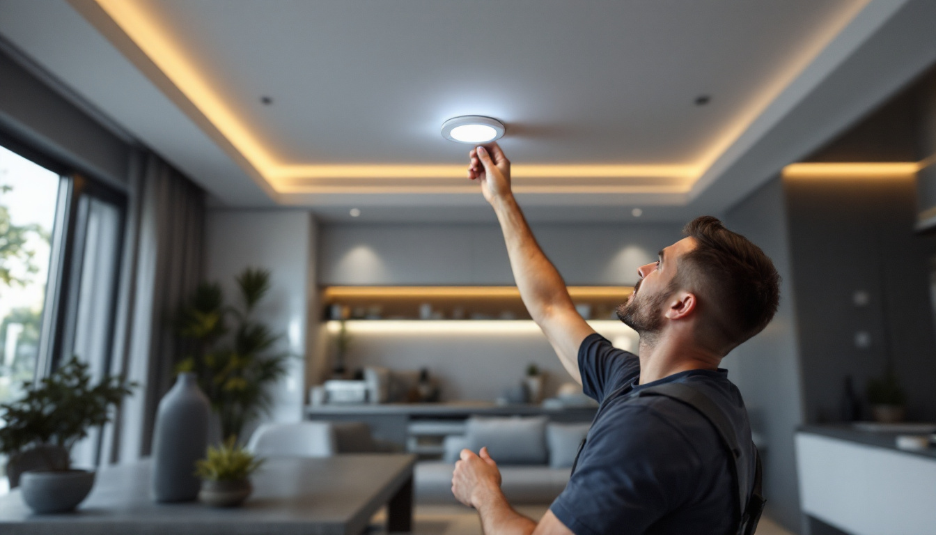 A photograph of a lighting contractor installing motion sensor recessed lights in a modern home setting