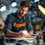 A photograph of a lighting contractor examining a type g lamp bulb in a well-lit workspace