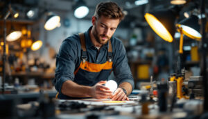 A photograph of a lighting contractor examining a type g lamp bulb in a well-lit workspace