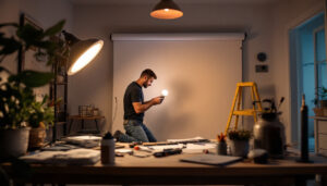 A photograph of a lighting contractor working on a residential or commercial project