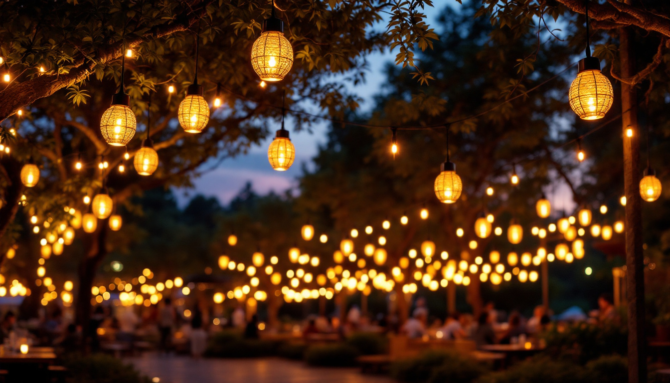 A photograph of a beautifully illuminated outdoor space featuring solar pendant lights hanging from trees or structures