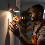 A photograph of a skilled lighting contractor expertly installing a single pole light switch in a well-lit