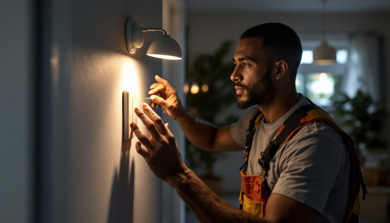A photograph of a skilled lighting contractor expertly installing a single pole light switch in a well-lit