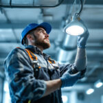A photograph of a skilled lighting contractor in action