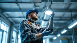 A photograph of a skilled lighting contractor in action