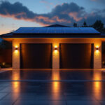 A photograph of a beautifully lit outdoor garage at dusk