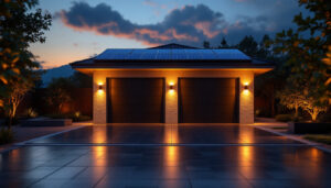 A photograph of a beautifully lit outdoor garage at dusk