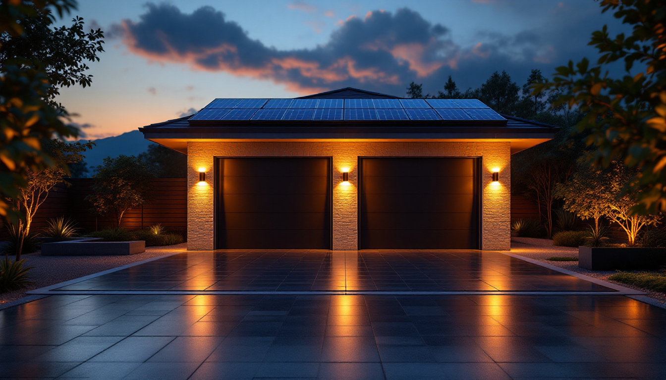 A photograph of a beautifully lit outdoor garage at dusk